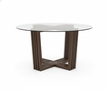 "Mesa Firenze: diseño escultórico con base de listones de madera de nogal cruzados y cubierta redonda de cristal templado. Estilo contemporáneo, elegancia superior y gran distinción para tu comedor.