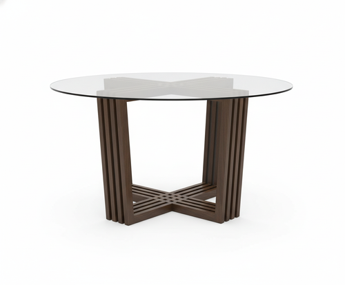 "Mesa Firenze: diseño escultórico con base de listones de madera de nogal cruzados y cubierta redonda de cristal templado. Estilo contemporáneo, elegancia superior y gran distinción para tu comedor.