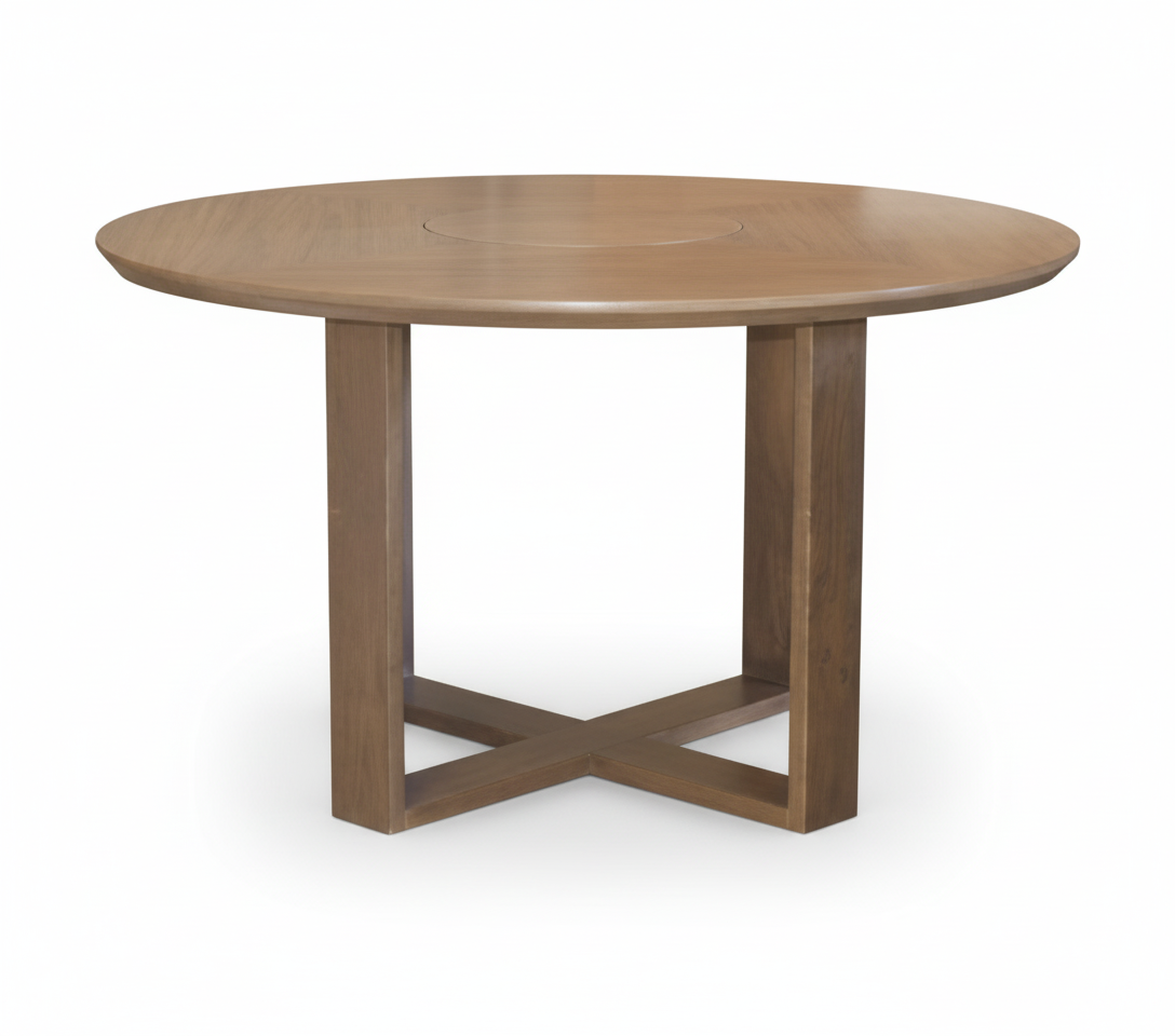 Mesa de comedor redonda con base estructural en madera sólida cruzada en forma de X. Diseño minimalista y elegante en tono madera natural, ideal para optimizar espacios con estilo atemporal.