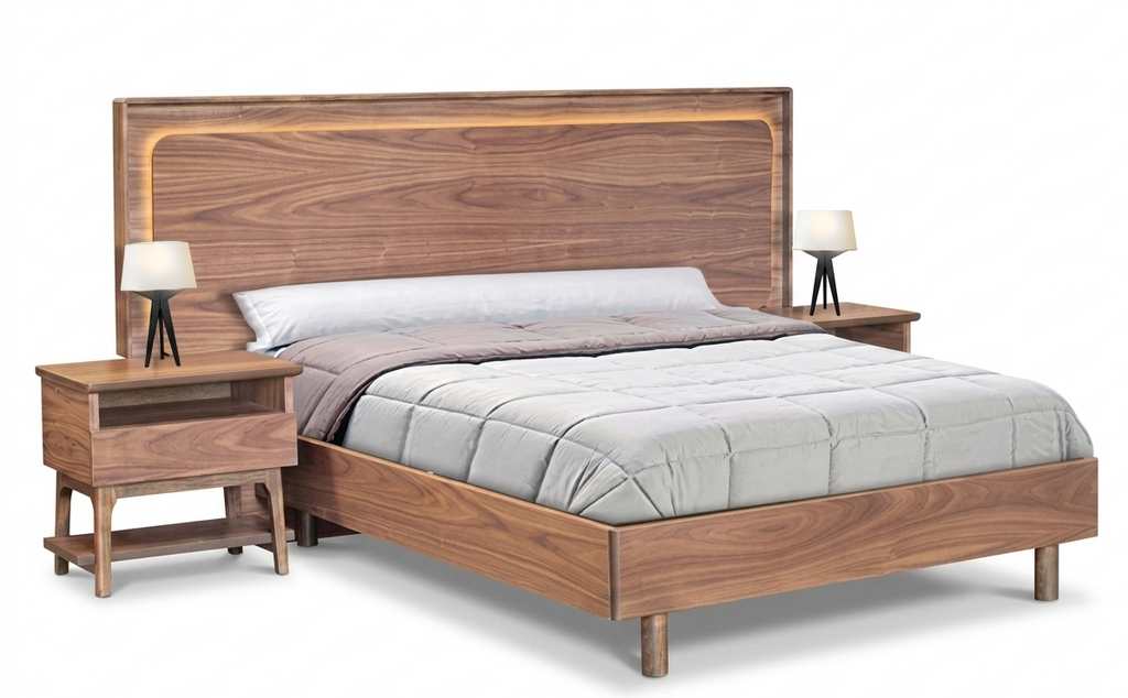 Recámara Oscar: diseño moderno en madera con iluminación integrada. Estilo sofisticado, elegancia contemporánea y alta calidad para un descanso premium