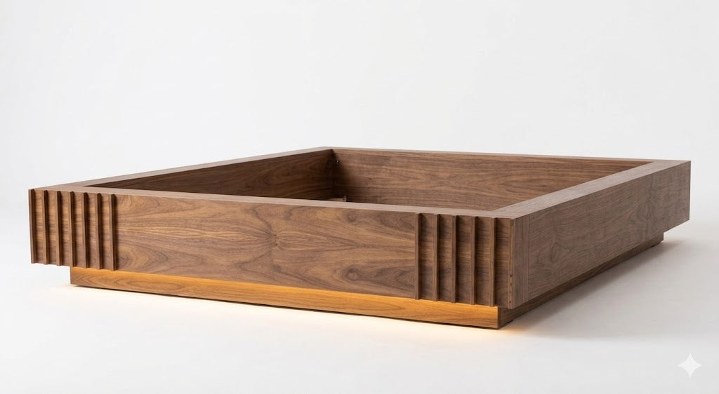 "Recámara Adida: diseño moderno en madera de nogal con mesas de noche flotantes e iluminación LED integrada. Estilo sofisticado, gran funcionalidad y elegancia contemporánea para tu dormitorio.