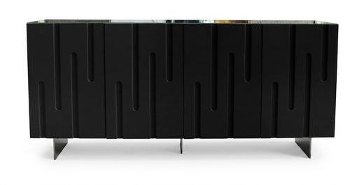 "Bufetera Grey: diseño moderno y sofisticado con acabado negro mate y textura lineal en relieve. Ideal para elevar el estilo de tu comedor con un toque de elegancia contemporánea.