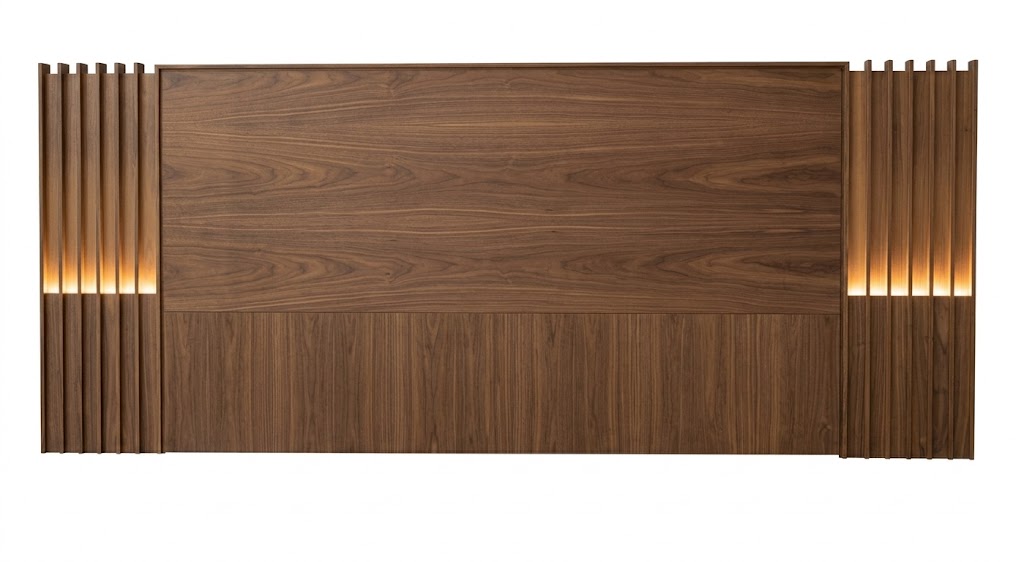"Recámara Adida: diseño moderno en madera de nogal con mesas de noche flotantes e iluminación LED integrada. Estilo sofisticado, gran funcionalidad y elegancia contemporánea para tu dormitorio.
