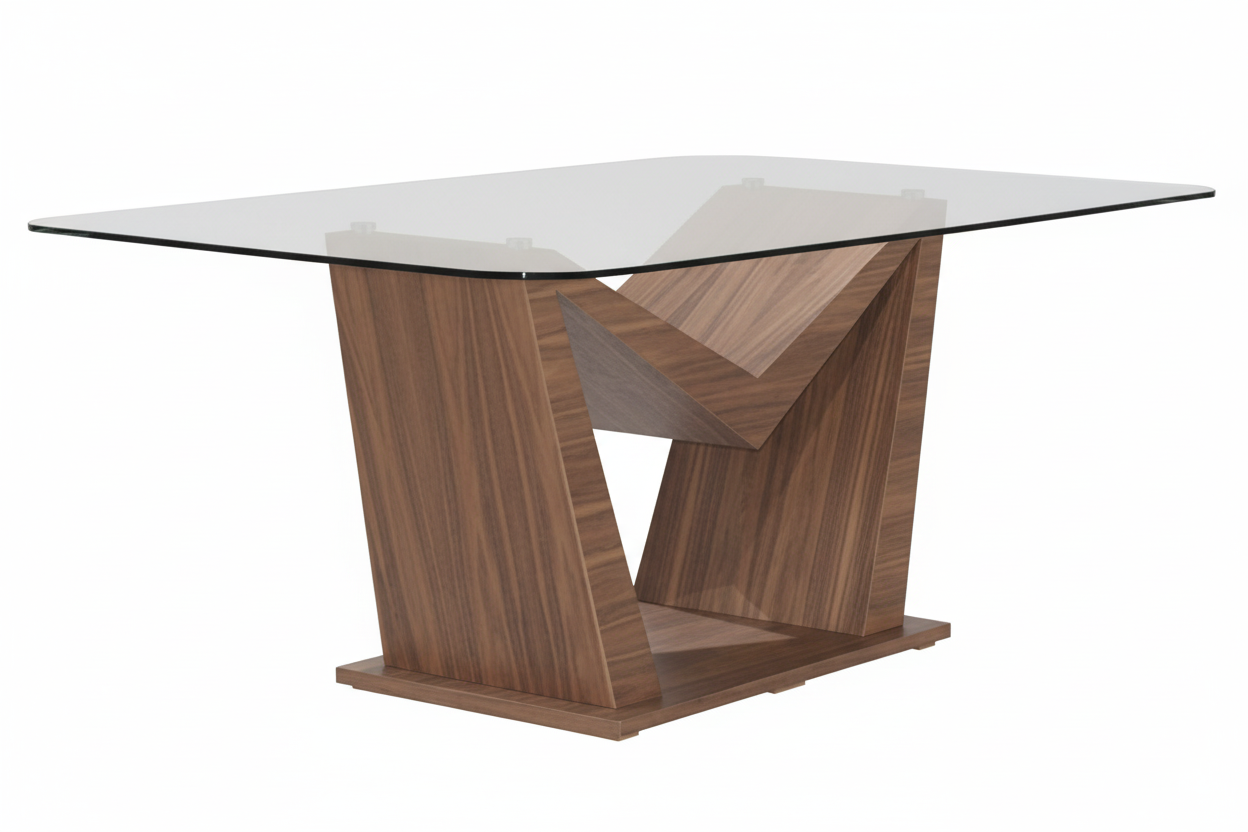 Mesa Gio: diseño vanguardista con base geométrica en madera de nogal y cubierta de cristal templado. Estilo contemporáneo, elegancia superior y máxima distinción para tu comedor."