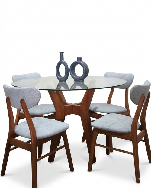 comedor Palermo: diseño moderno Mid-Century con mesa redonda de cubierta de vidrio templado y base de madera sólida. Incluye sillas ergonómicas tapizadas, ideal para espacios sofisticados y duraderos.