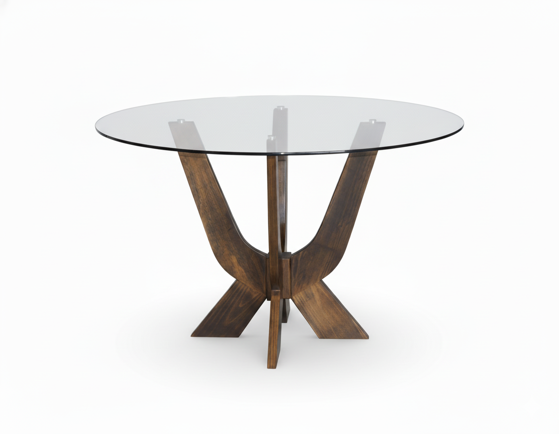 Mesa Islandia: diseño escultórico con base de madera sólida en tono oscuro y cubierta redonda de cristal templado. Estilo contemporáneo, elegancia superior y gran distinción para tu comedor.