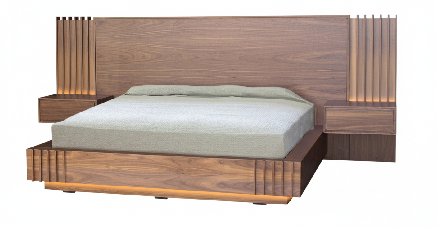 "Recámara Adida: diseño moderno en madera de nogal con mesas de noche flotantes e iluminación LED integrada. Estilo sofisticado, gran funcionalidad y elegancia contemporánea para tu dormitorio.