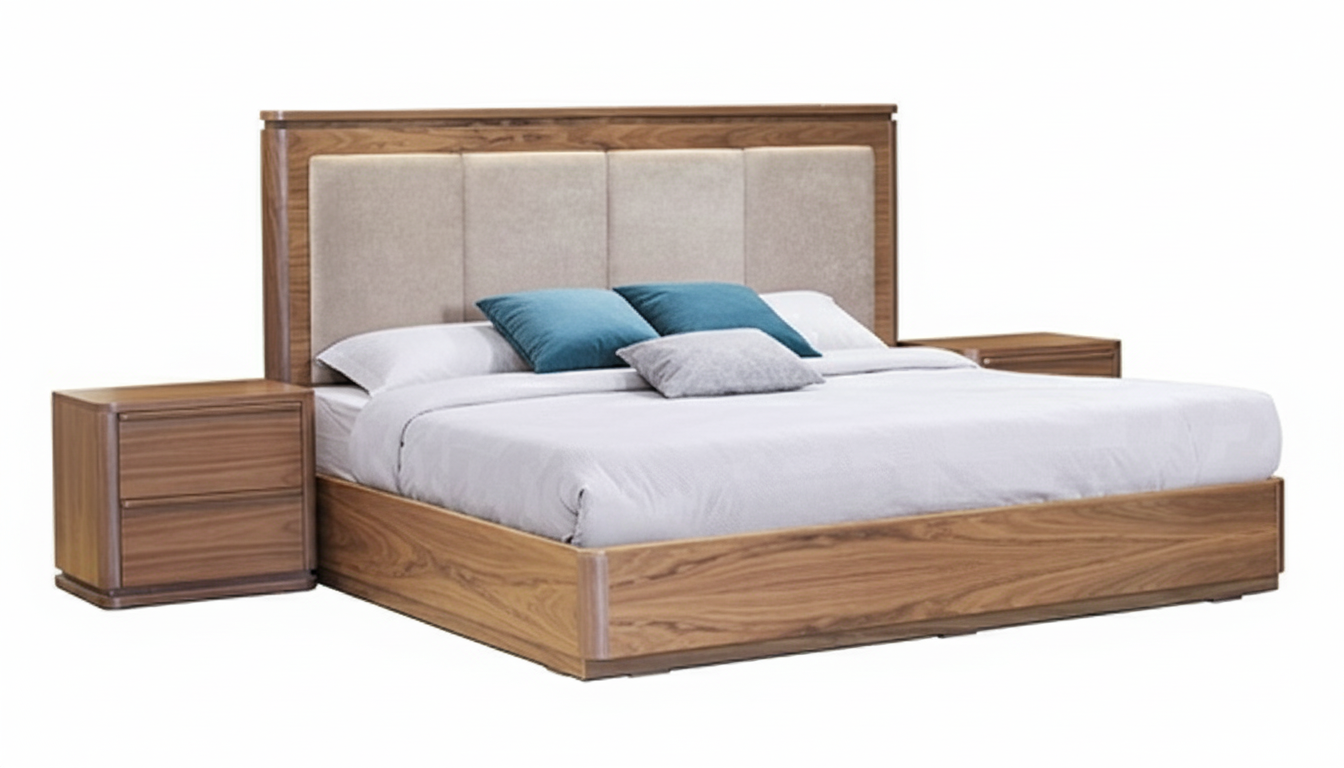 Recámara Neli: diseño elegante con estructura en madera de nogal y cabecera tapizada con detalle de paneles. Confort superior, estilo contemporáneo y alta durabilidad para tu dormitorio